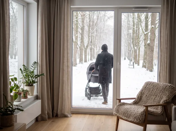 Widok przez okno na rodzica, który pcha wózek ośnieżoną alejką w parku